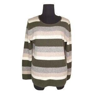 41 Hawthorn 100% Cashmere Green Beige Gray Striped Crew Neck Sweater M        A1